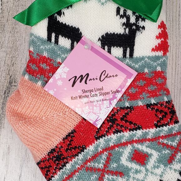NWT Mari Clare Sherpa Lined Knit Winter Reindeer Design No-Slip Slipper Socks - Picture 4 of 6